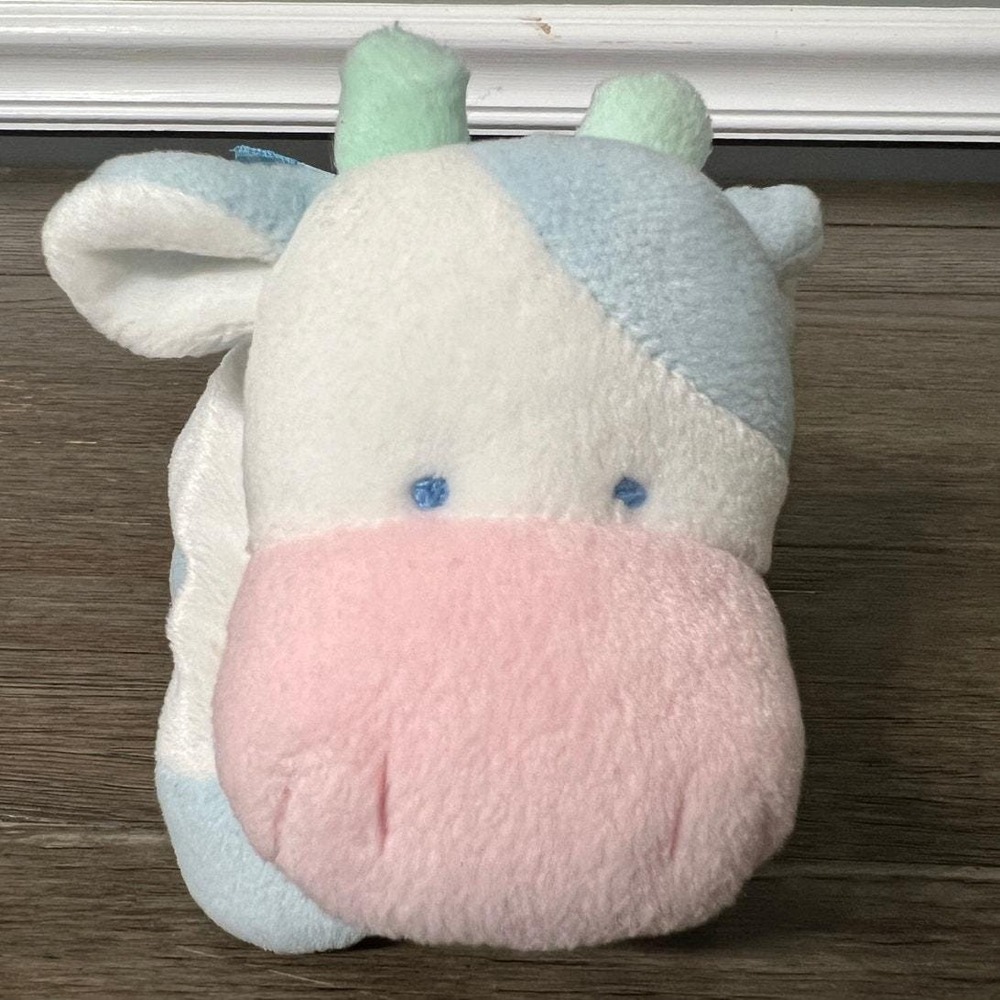 Soft Dreams Plush Cow Blue White Pink Pastel Stuffed Animal Vintage Nursery Toy